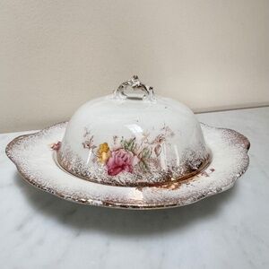 Antique W. M. Co Semi Porcelain Floral Butter Cheese Dish with Lid 1879-1909